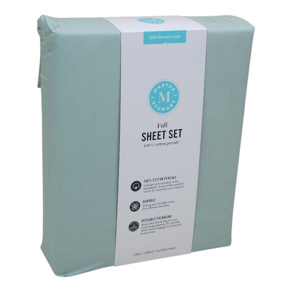Martha Stewart Full Sheet Set 200 Thread Count Cotton Percale Green - Picture 1 of 8